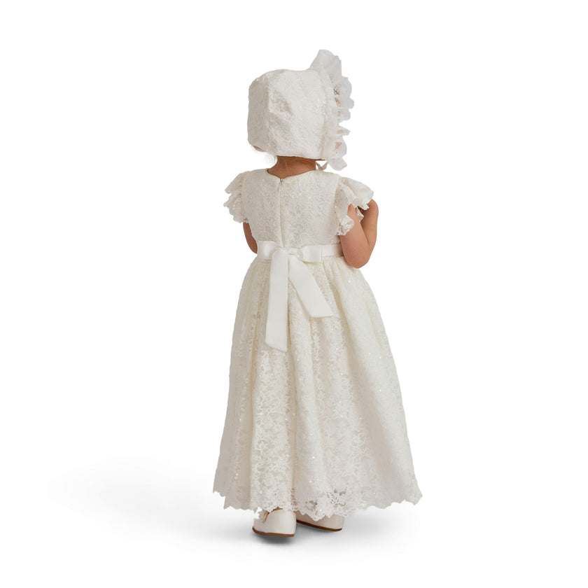 White Velloria Lace Christening Dress with Bonnet