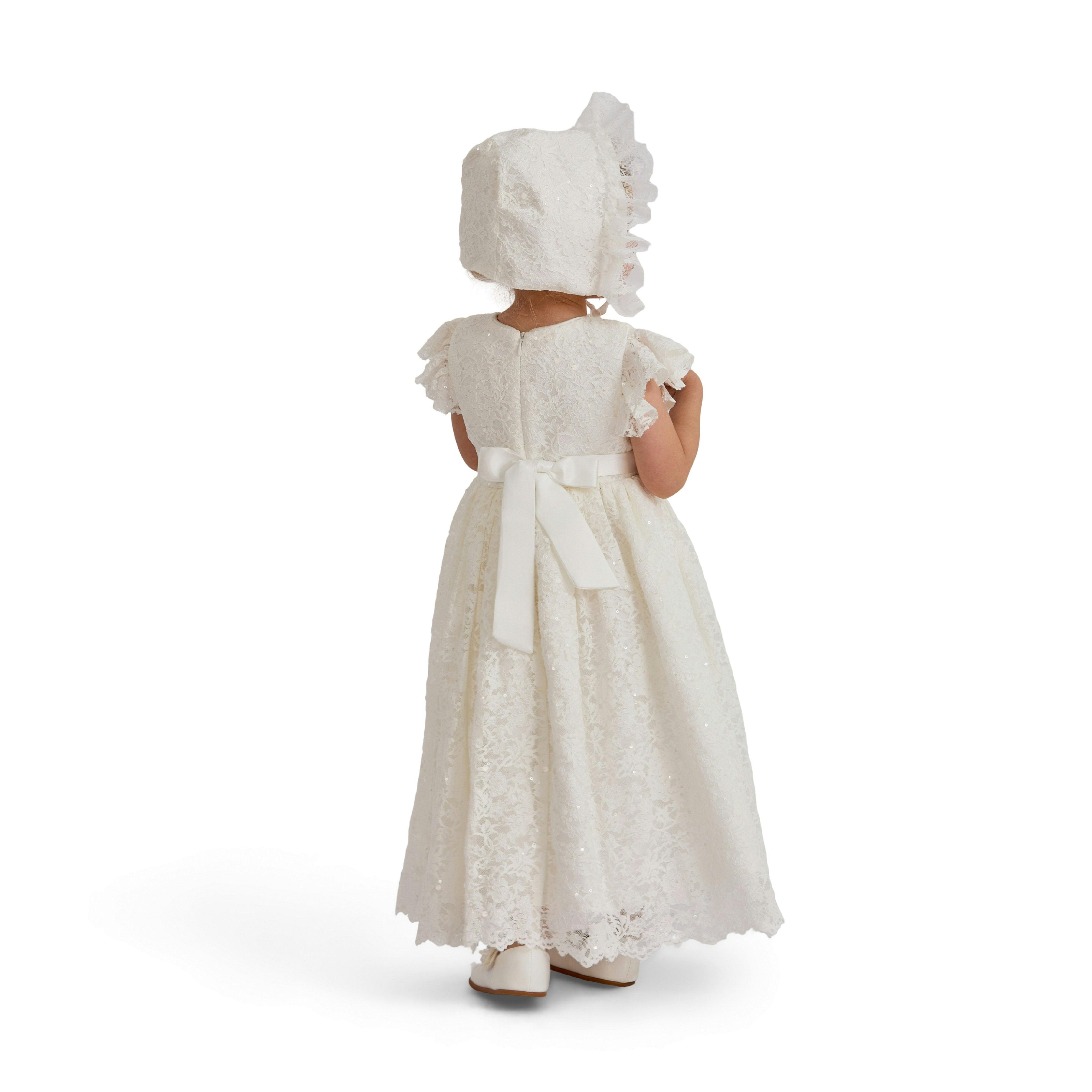 White Velloria Lace Christening Dress with Bonnet