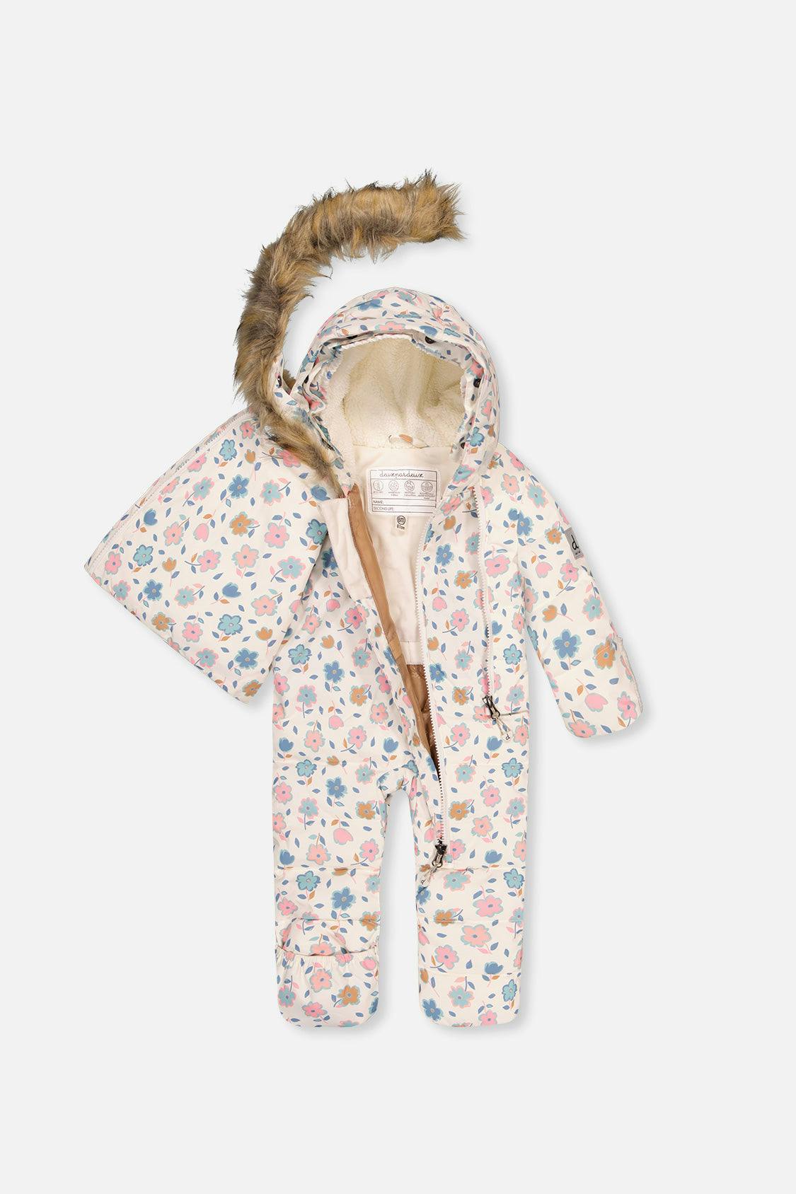 Baby Snug One Piece Snowsuit Adapted For Car Seats White With Floral Print
