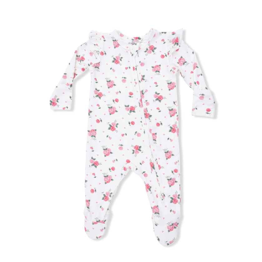 Pink Rosettes - 2 Way Ruffle Sleeve Zipper Footie