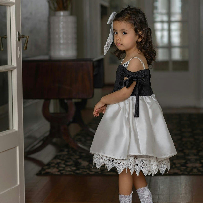 Audrey Black Velour Top and White Sateen Dress