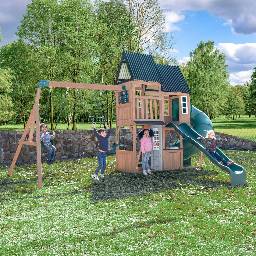 Acadia Manor Wooden Outdoor Swing Set / Playset With Zigzag Fireman'S Pole