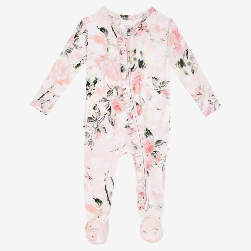 Vintage Pink Rose Footie Ruffled Zippered One Piece