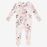 Vintage Pink Rose Footie Ruffled Zippered One Piece