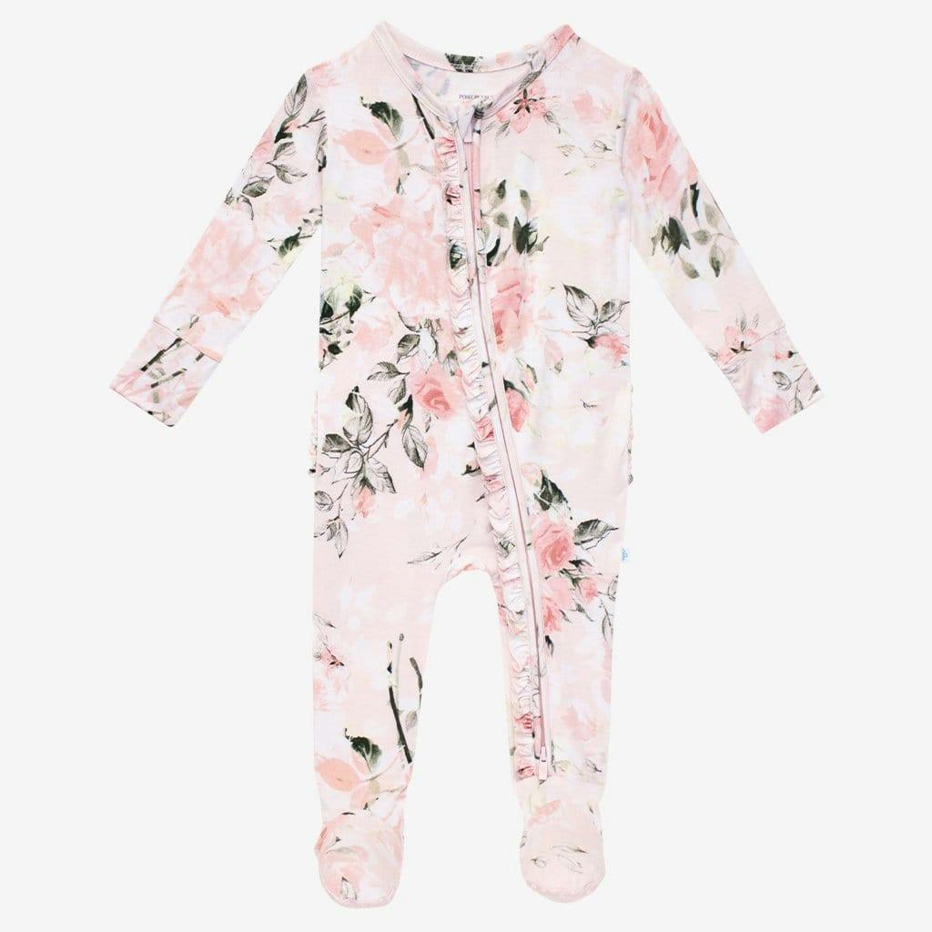 Vintage Pink Rose Footie Ruffled Zippered One Piece