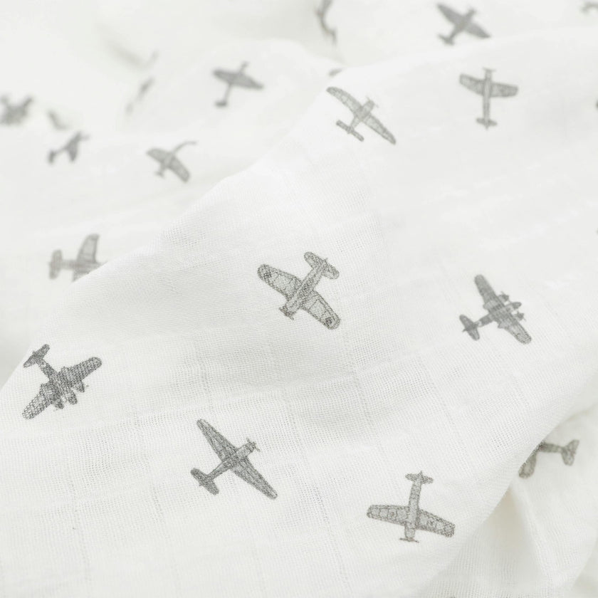 Organic Cotton Muslin Swaddle Blanket 2 Pack - Pewter Planes