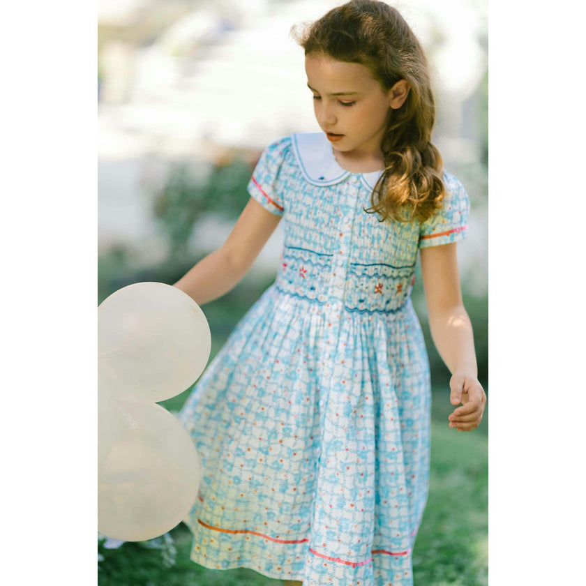 Riviera Blue Floral Short Sleeve Smocked Dress