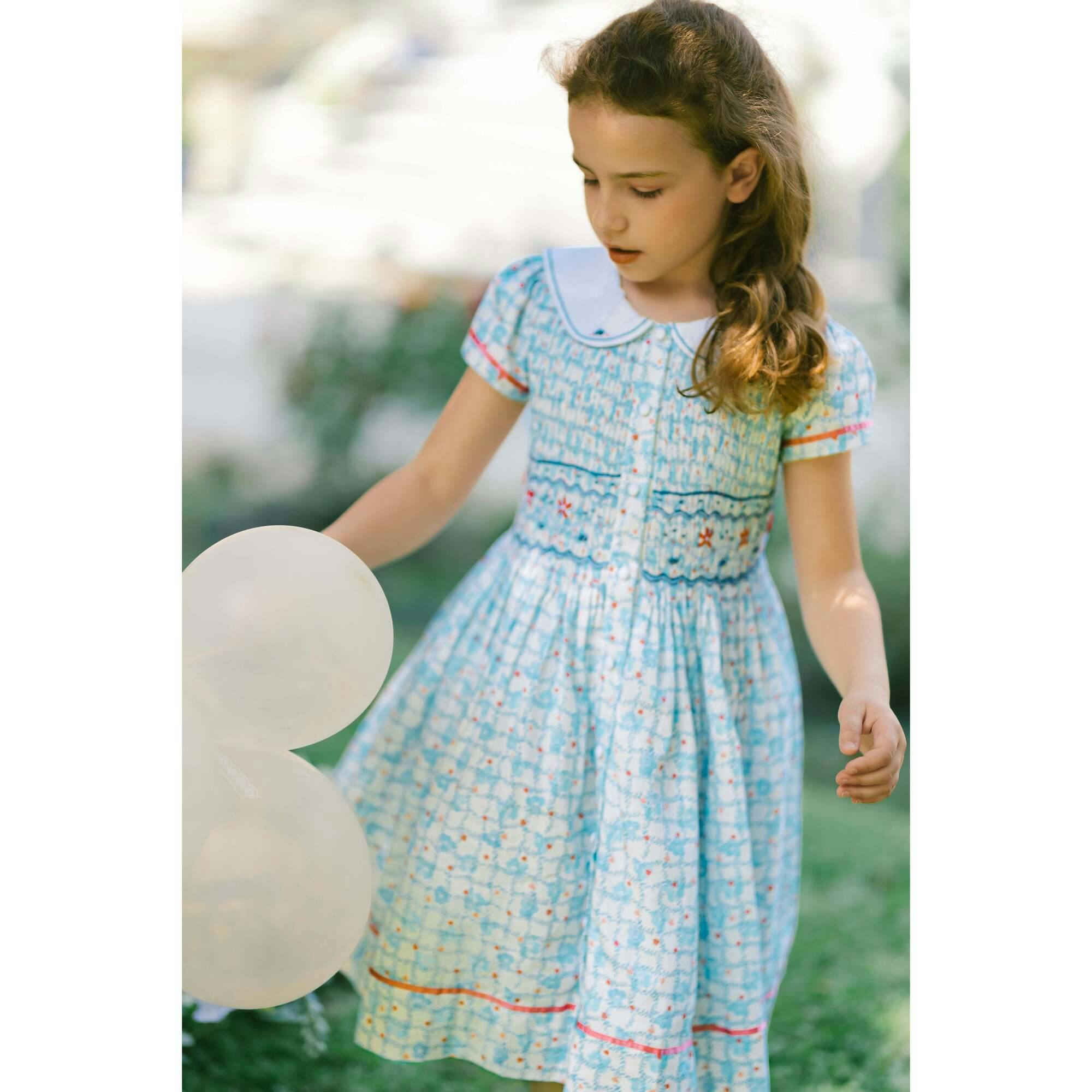 Riviera Blue Floral Short Sleeve Smocked Dress