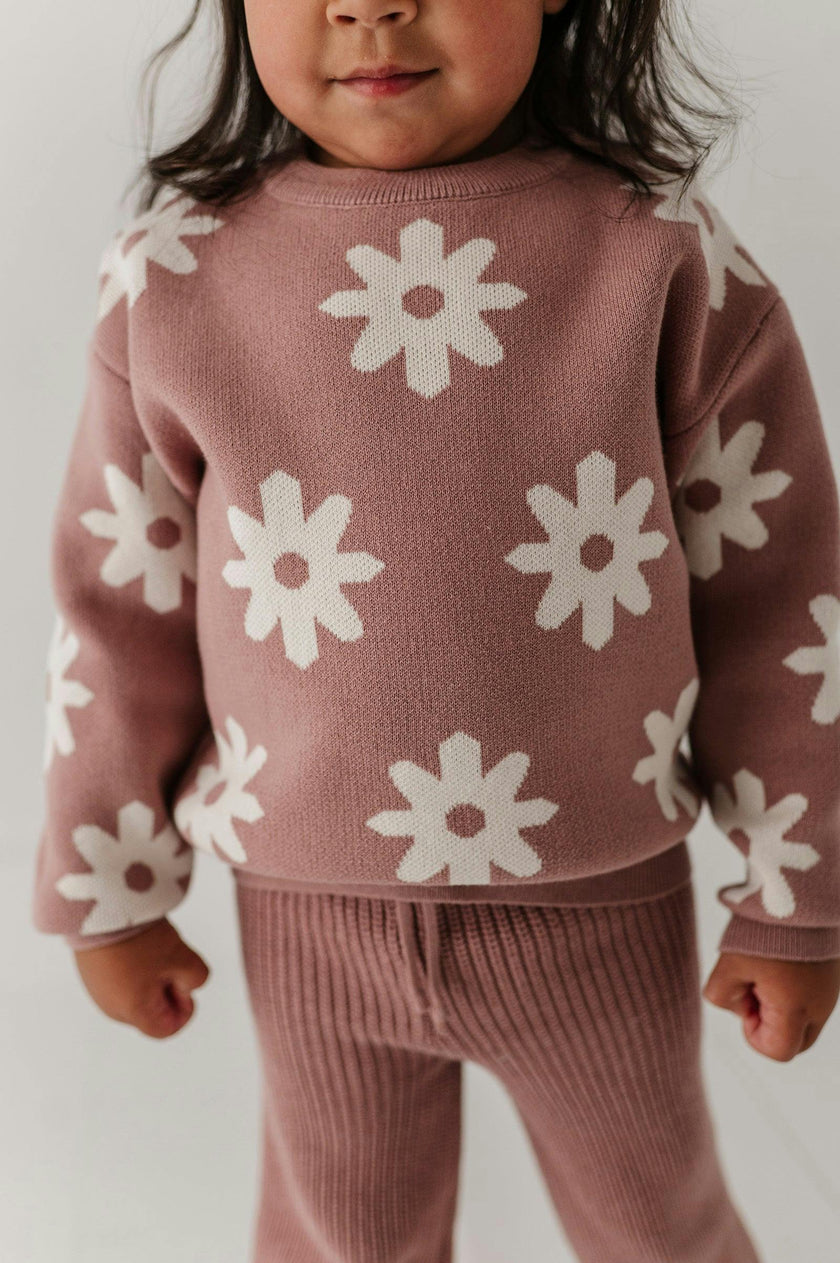 Girls Knit Sweater in Rose Daisies