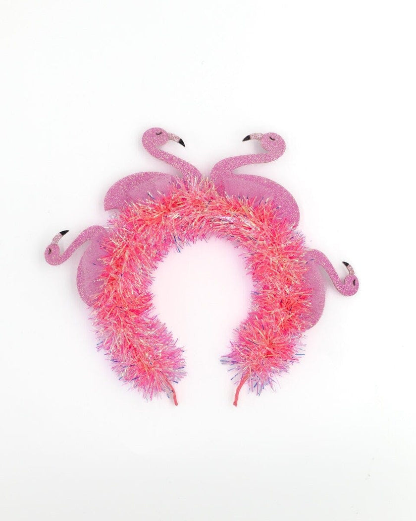 Packed Party Flamingo Party Novelty Headband - Pink Tinsel with 3D Glitter Flamingos for Beach, Pool, and Bachelorette Parties, 8.5x9.5 Inch, One Size