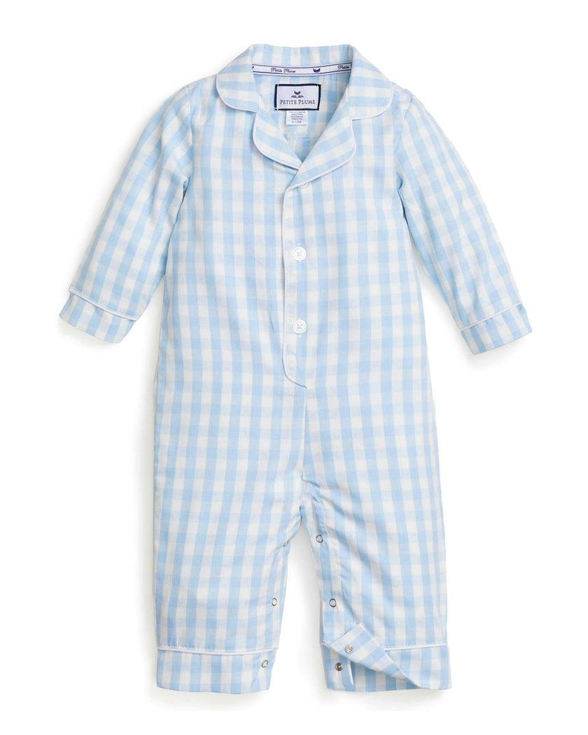 Baby's Twill Classic Romper in Light Blue Gingham