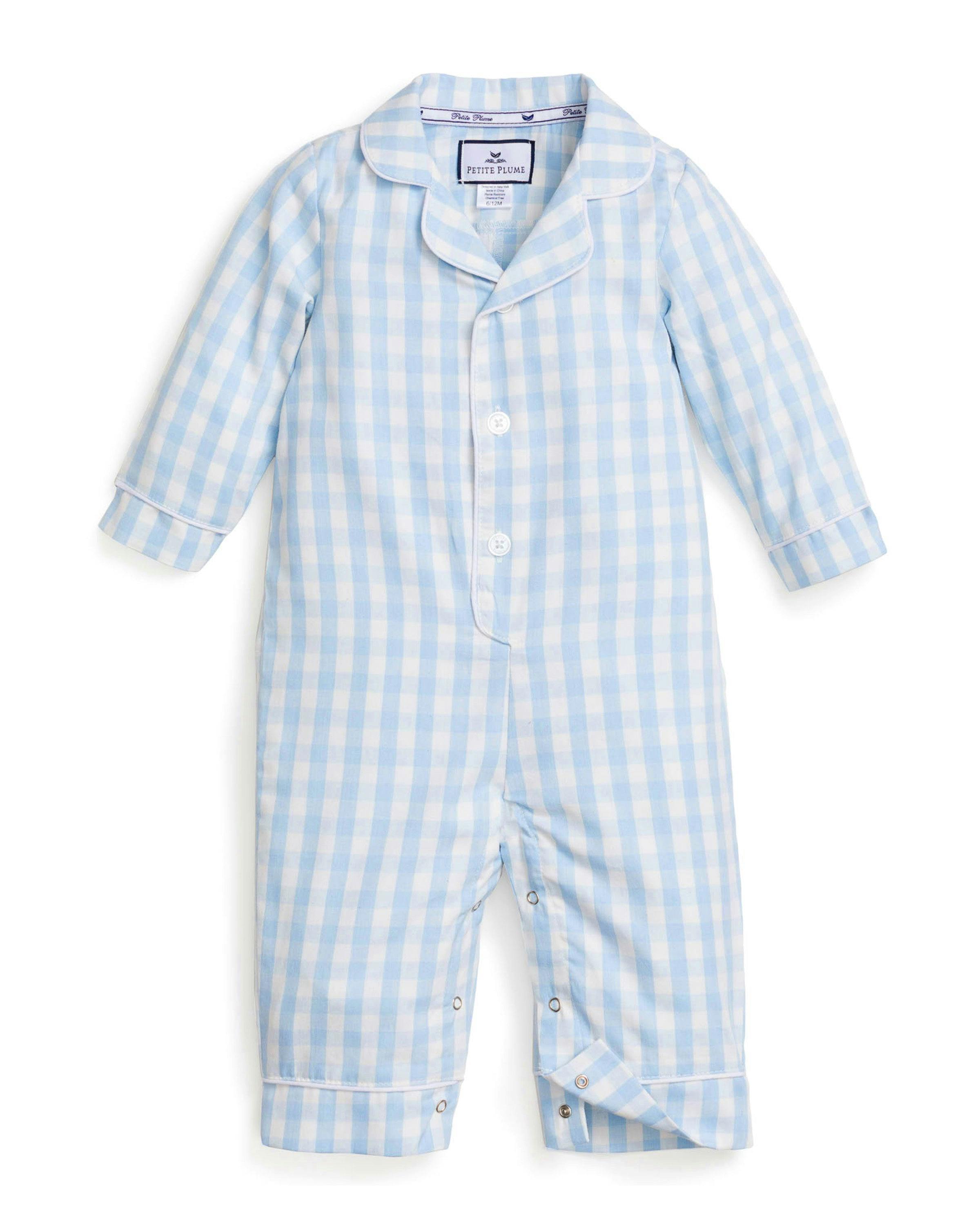 Baby's Twill Classic Romper in Light Blue Gingham
