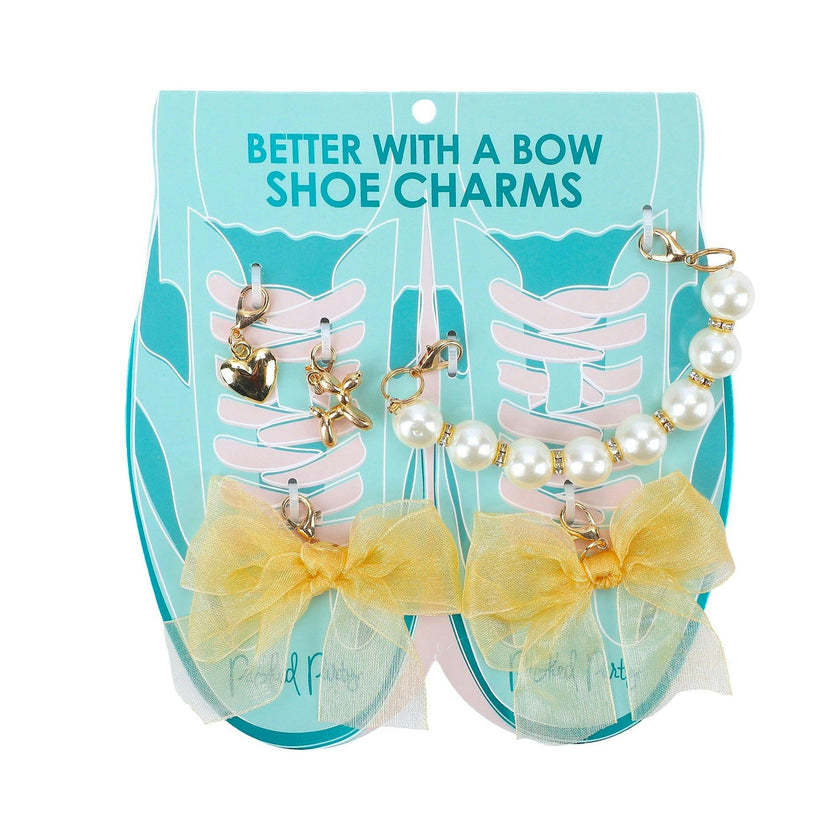 Packed Party Gold Bows and Pearls Shoe Charm Set 5pc - Gold Organza Bow, Heart, Balloon Dog, and Pearl Bead Charms with Lobster Clips for Sneakers