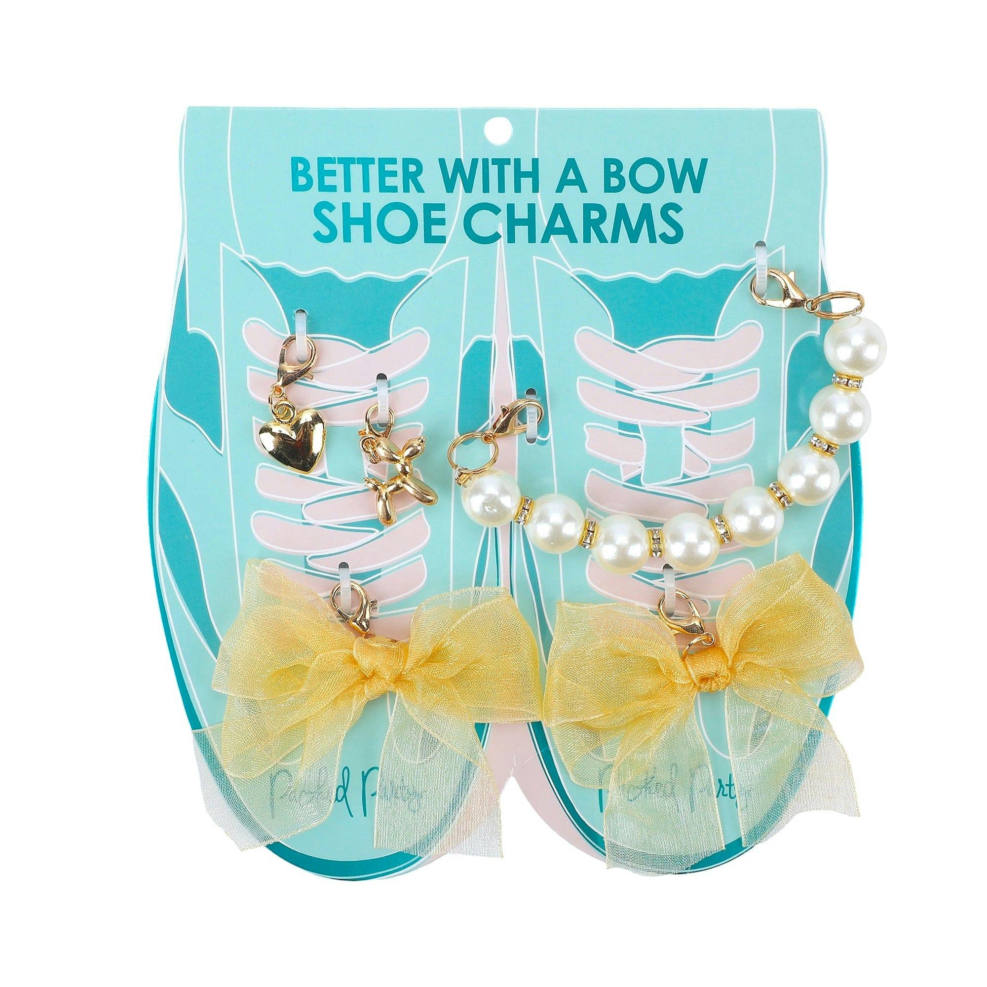 Packed Party Gold Bows and Pearls Shoe Charm Set 5pc - Gold Organza Bow, Heart, Balloon Dog, and Pearl Bead Charms with Lobster Clips for Sneakers