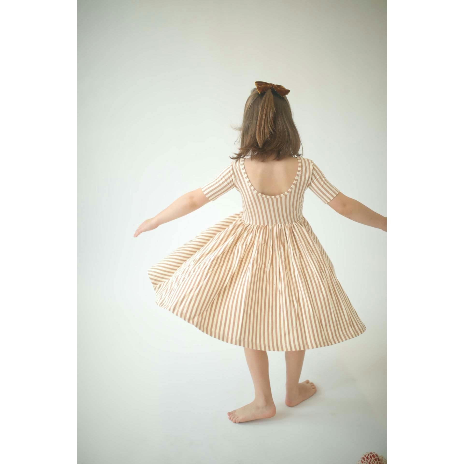 Short Sleeve Twirl Dress in Toffee Stripes
