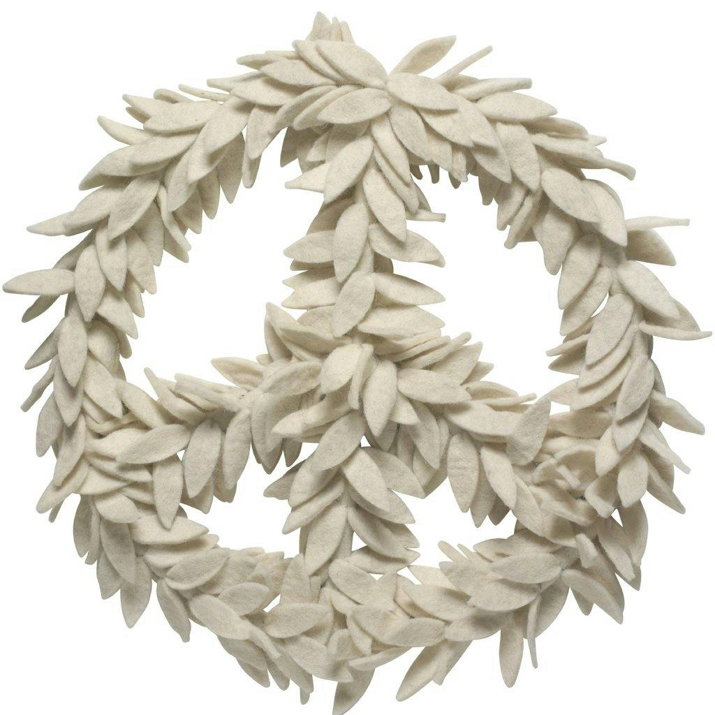 Handmade Hand Felted Wool Wreath - Peace Symbol Cream - 14