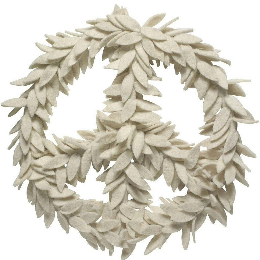 Handmade Hand Felted Wool Wreath - Peace Symbol Cream - 14"