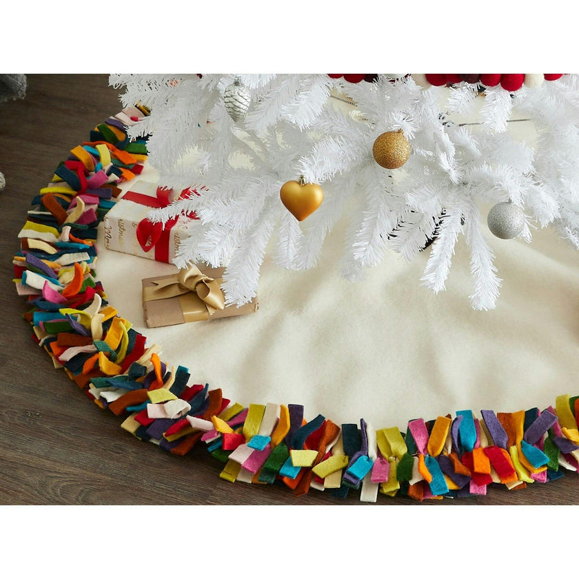 Handmade Felt Multicolor Fringe Border Cream Christmas Tree Skirt - 51" / 72"