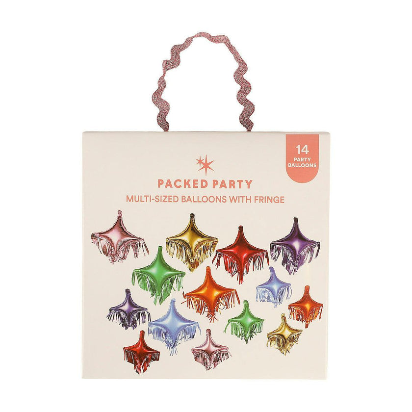 Packed Party Rainbow Fringe Spark Mylar Balloon Pack 14ct - Multicolor Spark-Shaped Balloons with Shiny Fringe Tassels, Large 16x14 and Small 12x10.5 Inch