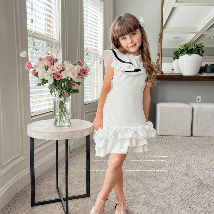 Alex White Ruffle Dress with Black Contrast Line