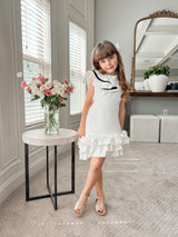 Alex White Ruffle Dress with Black Contrast Line