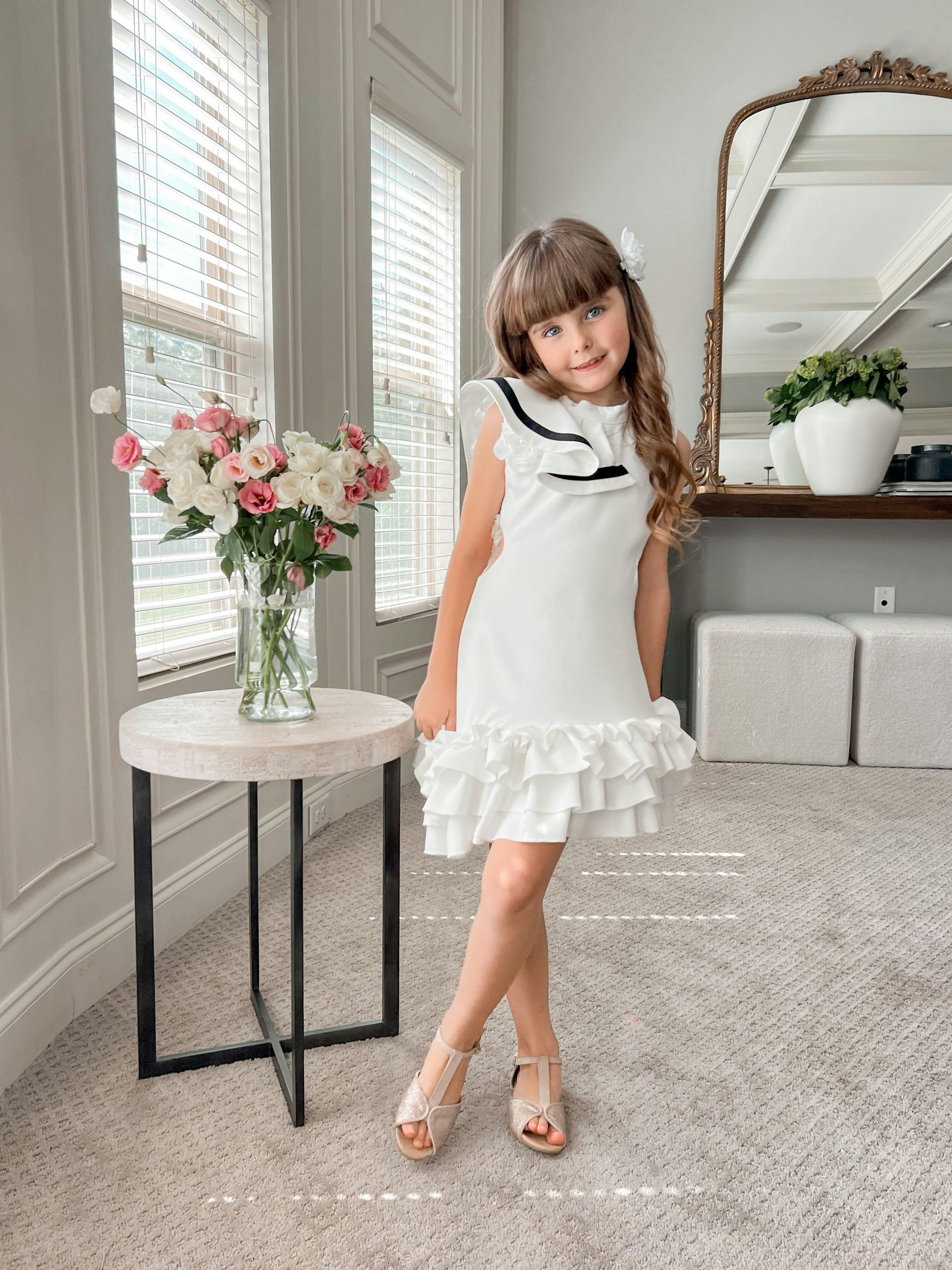 Alex White Ruffle Dress with Black Contrast Line