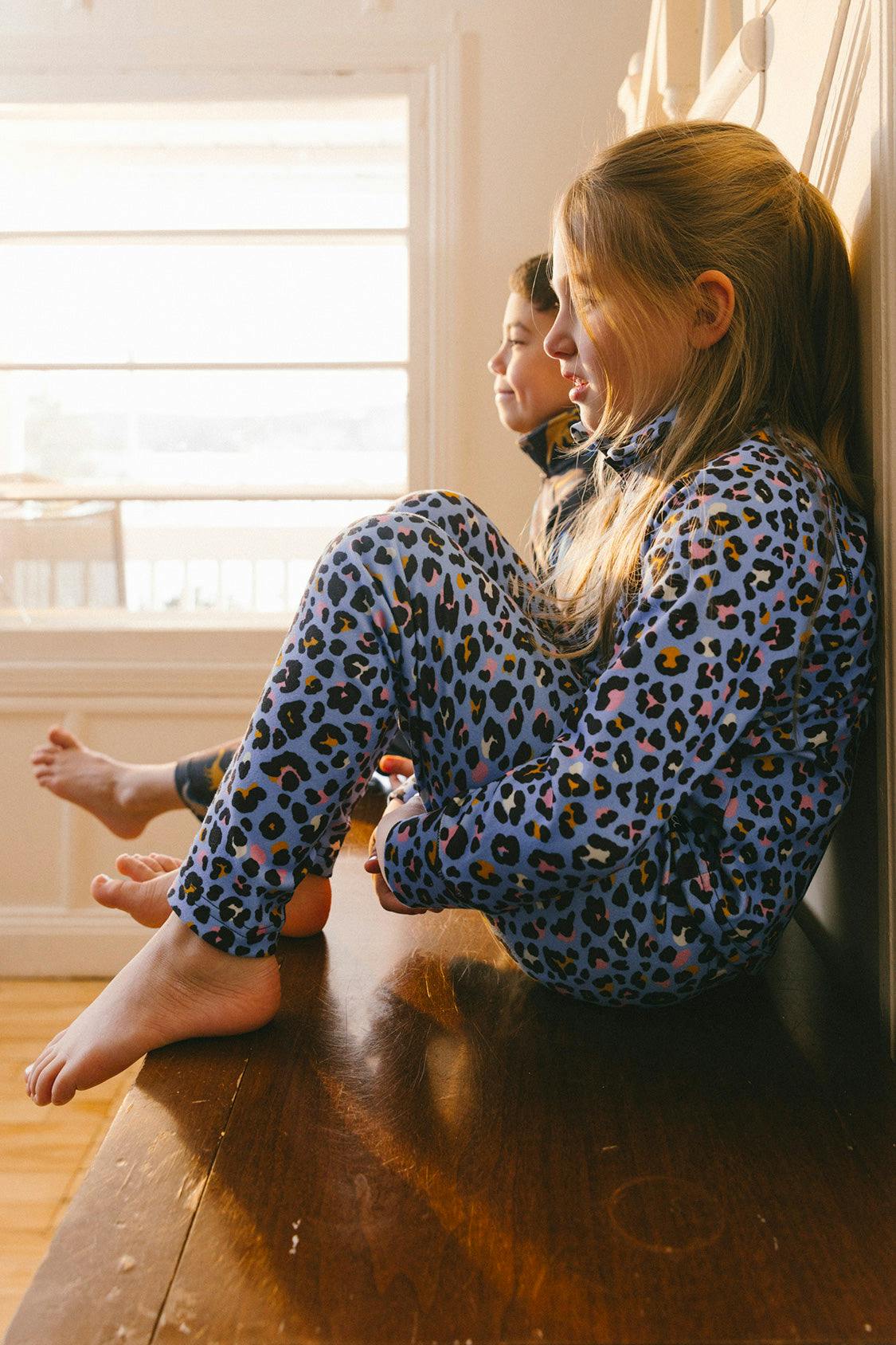 Two Piece Thermal Underwear Blue Leopard Print