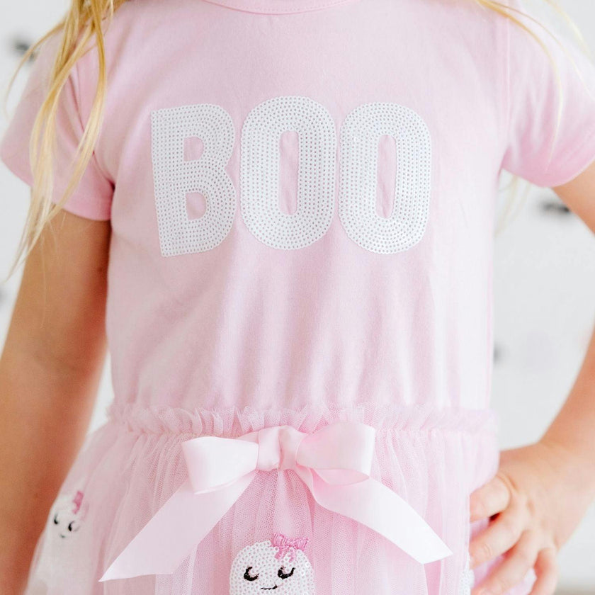 Boo Sequin Patch Halloween Short Sleeve Tutu Dress