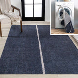 Linja Solid Centre Stripe Machine-Washable Area Rug, Navy