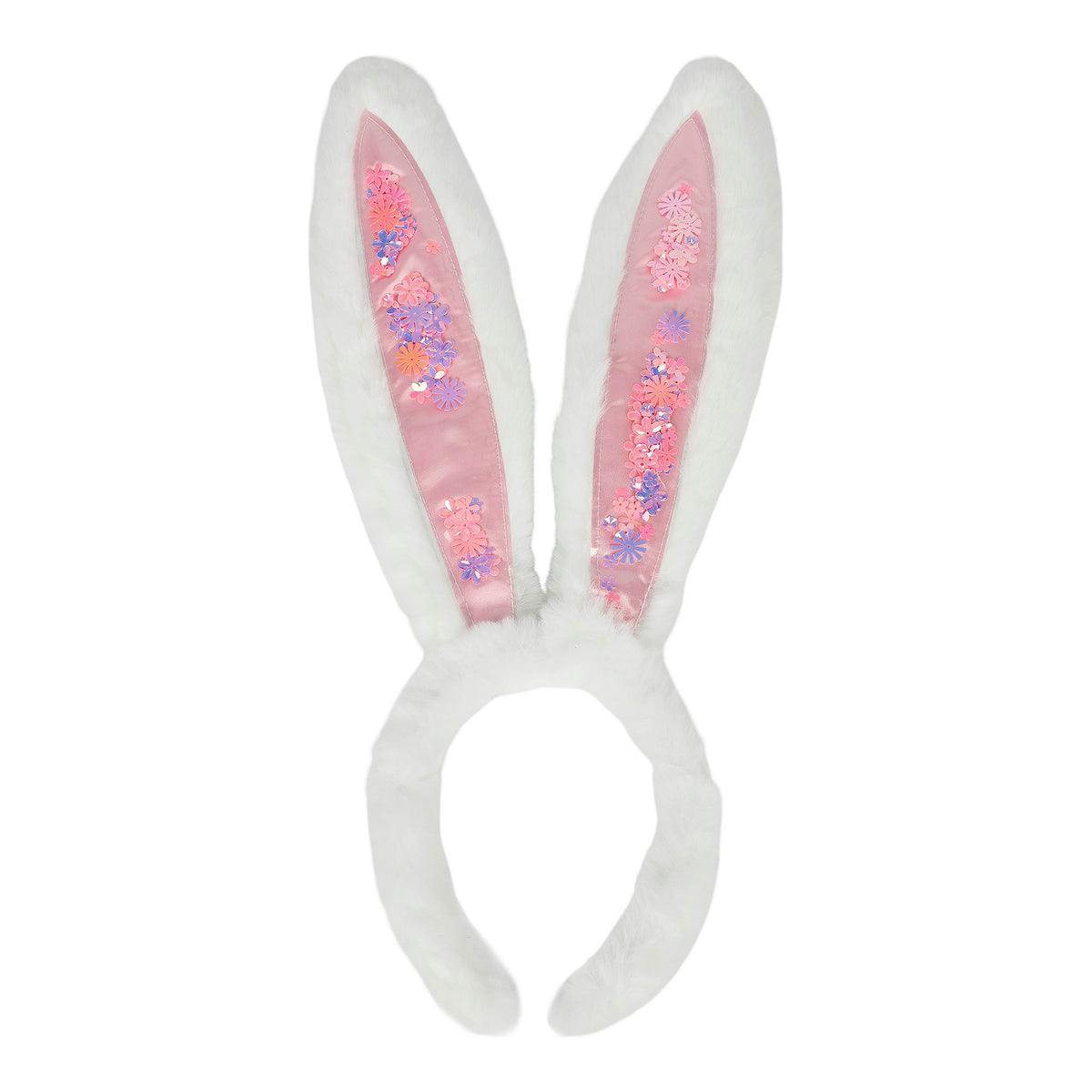 Packed Party Too Cute to Hop Plush Bunny Ears Headband - Trapped Pastel Confetti Interior with Fuzzy White Trim for Easter Parties and Spring Celebrations