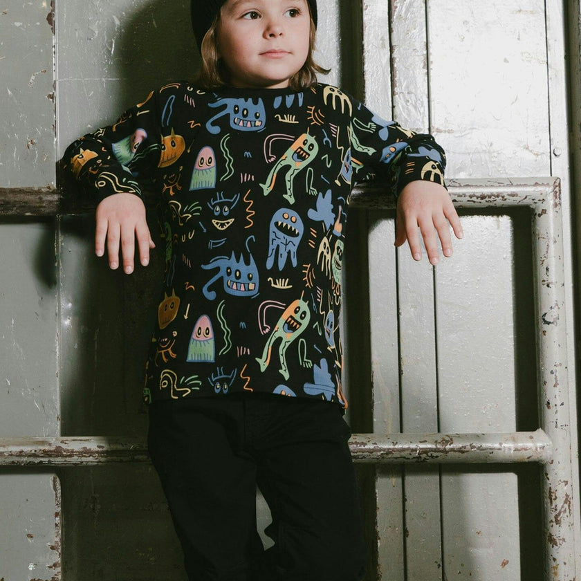 Long Sleeve Organic Cotton Allover Monsters Print Tee