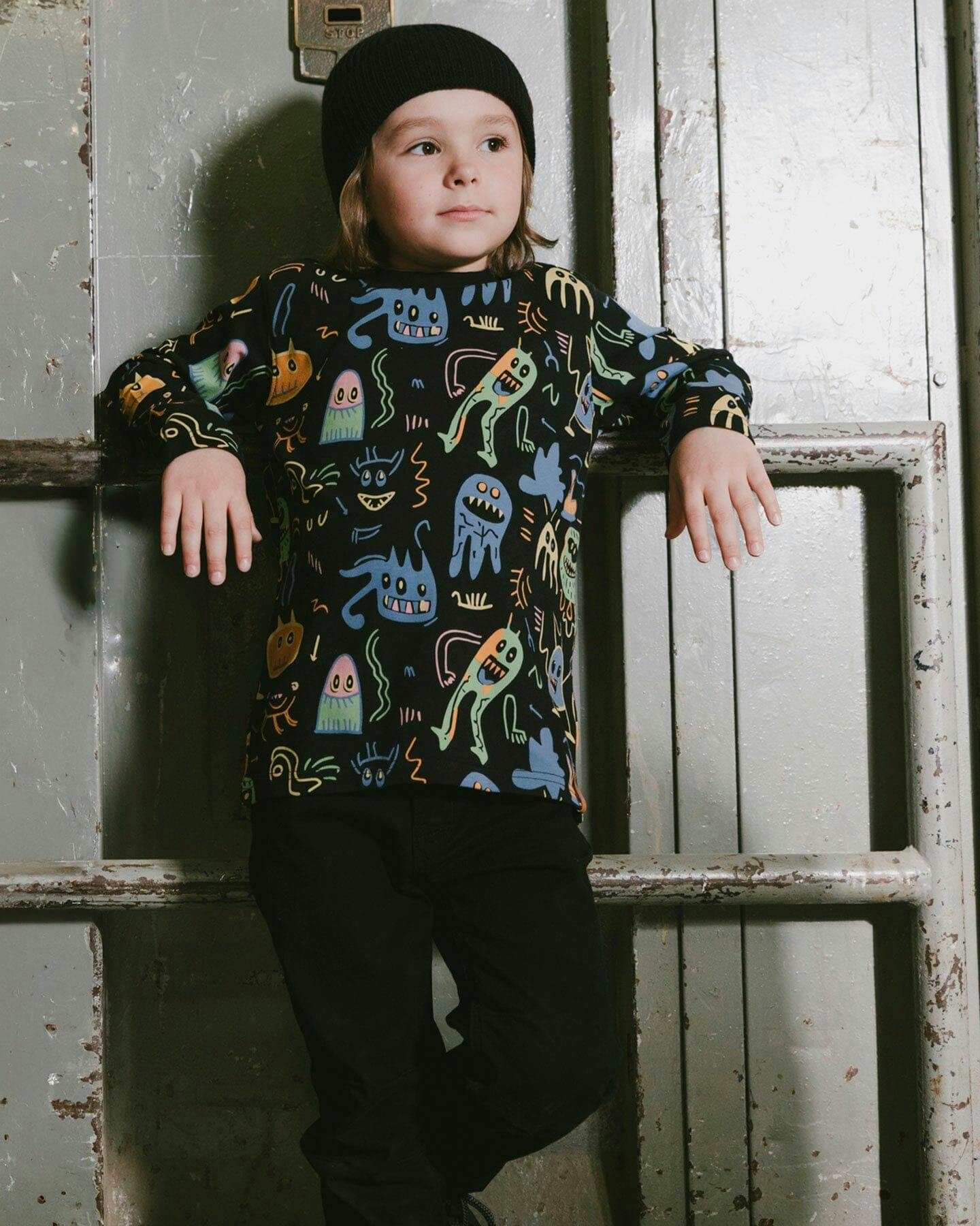 Long Sleeve Organic Cotton Allover Monsters Print Tee