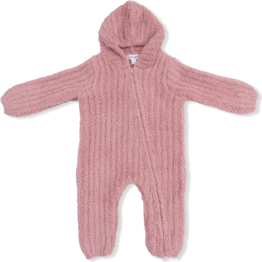 Chenille - Rose Hooded Romper with Striped Texture