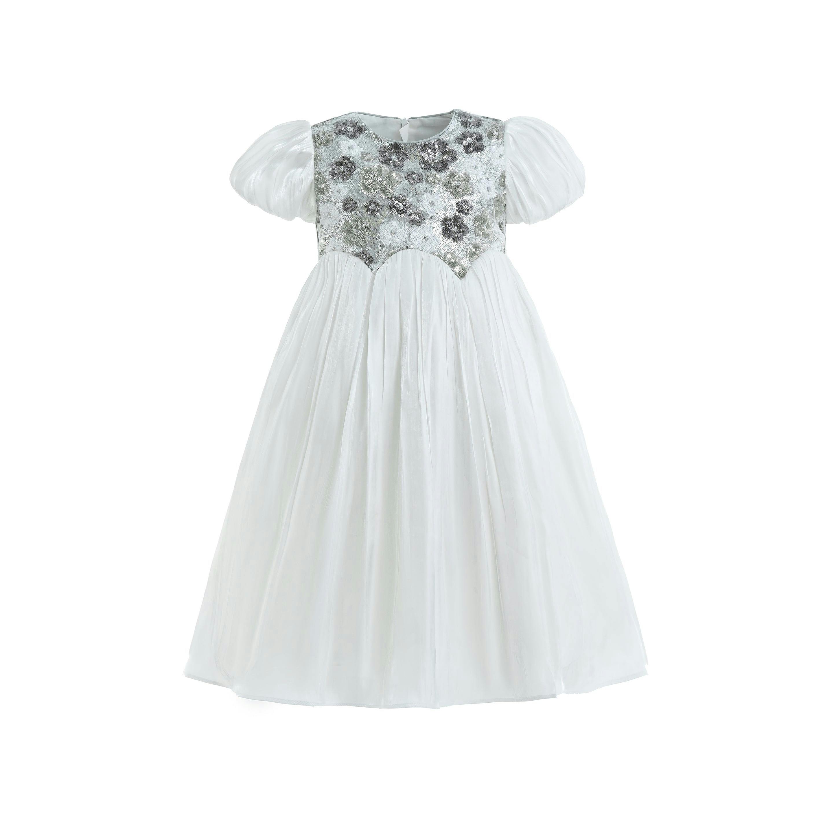White Sequin Floral Bodice Dress