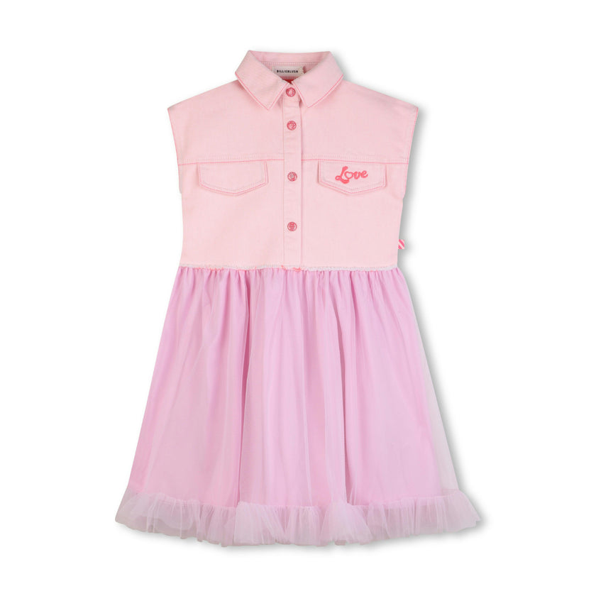 Pink Shirt-Style Kids’ Dress with Tulle Skirt