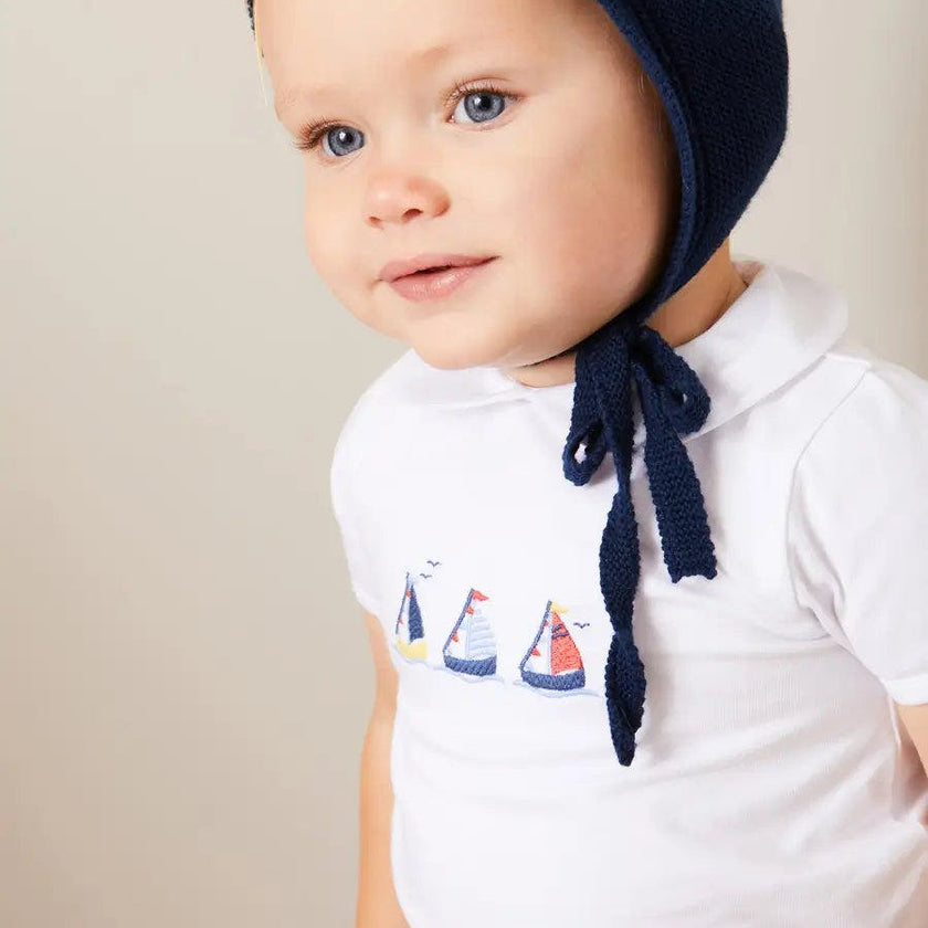 Embroidered Boat Motif Peter Pan Collar Bodysuit in White (1mth-3yrs)
