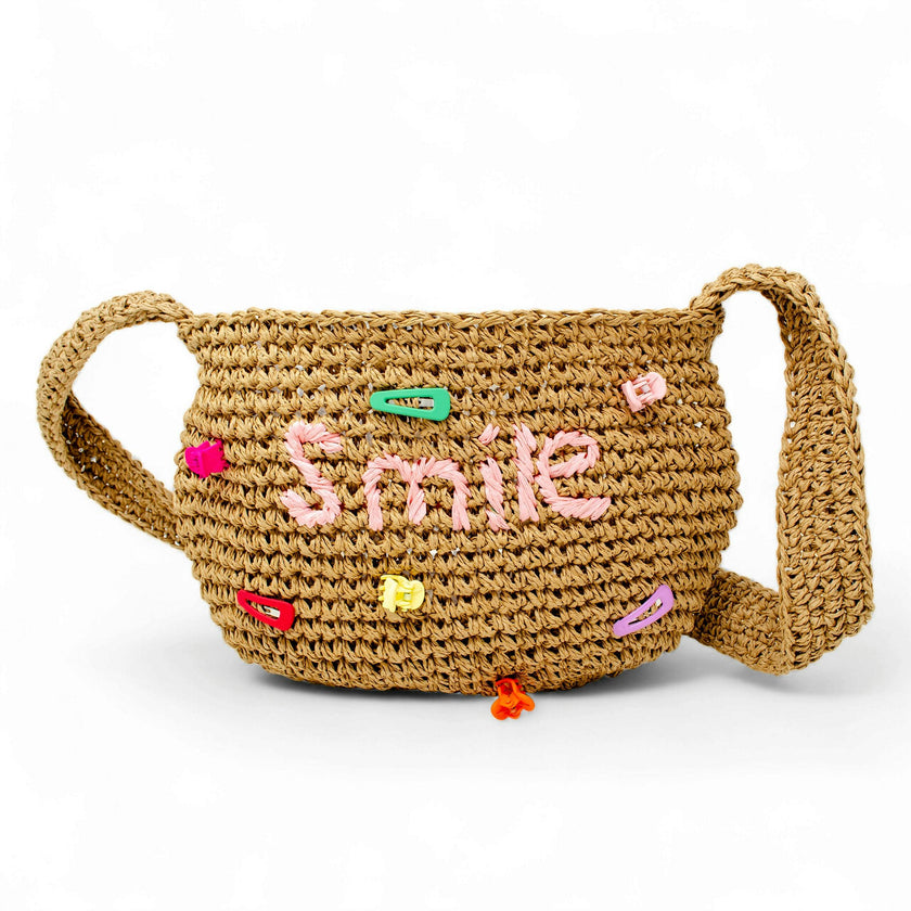 Girls Wicker Crossbody Message Charm Tote