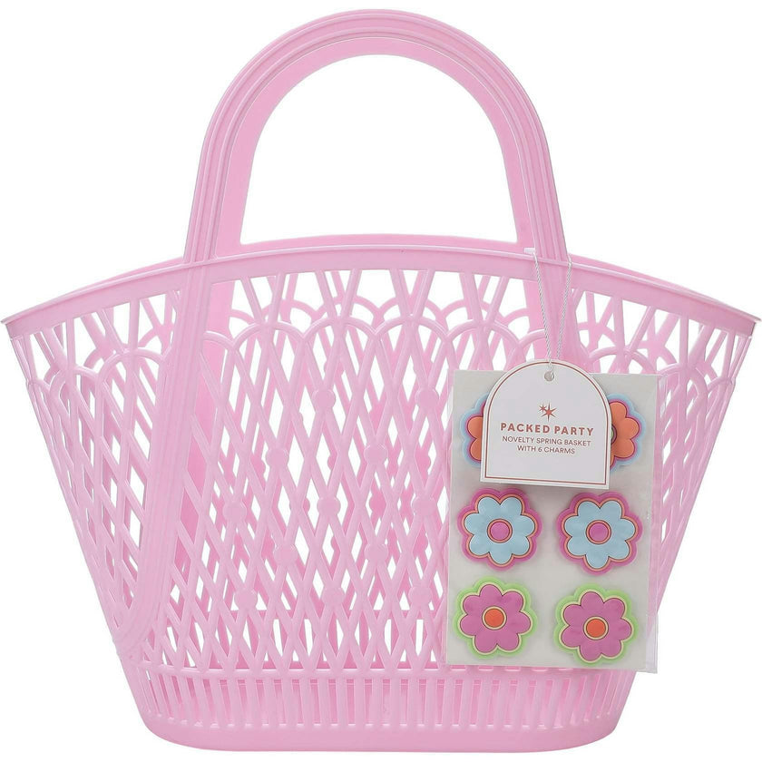 Packed Party Petal Party Pink Silicone Woven Basket with 6 Floral Twisty Charms - Lightweight Open Weave Carryall, 16x10.4 Inch with 15 Inch Handle
