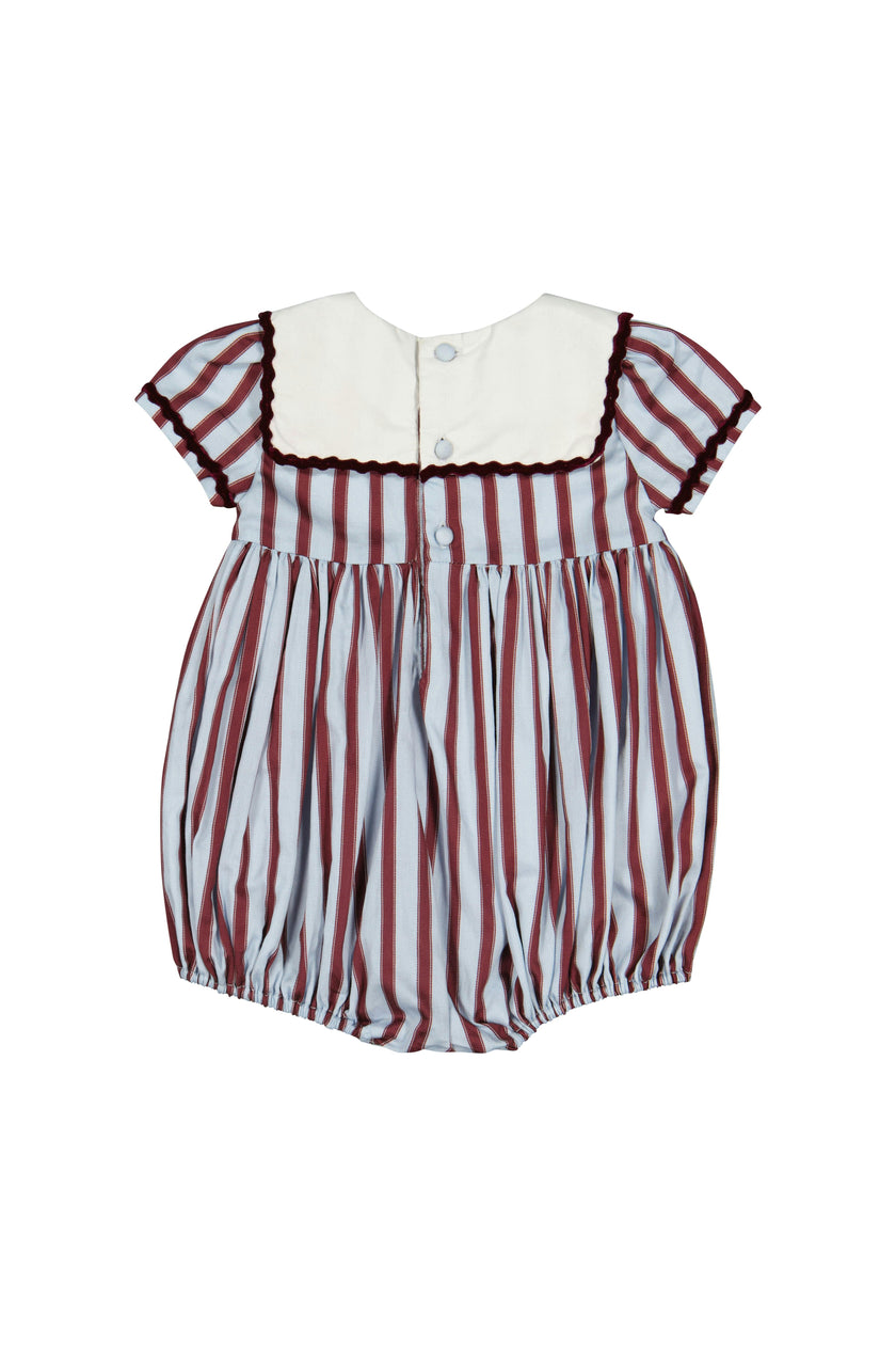 MARINE STRIPE BLUE BURGUNDY SMOCKED ROMPER