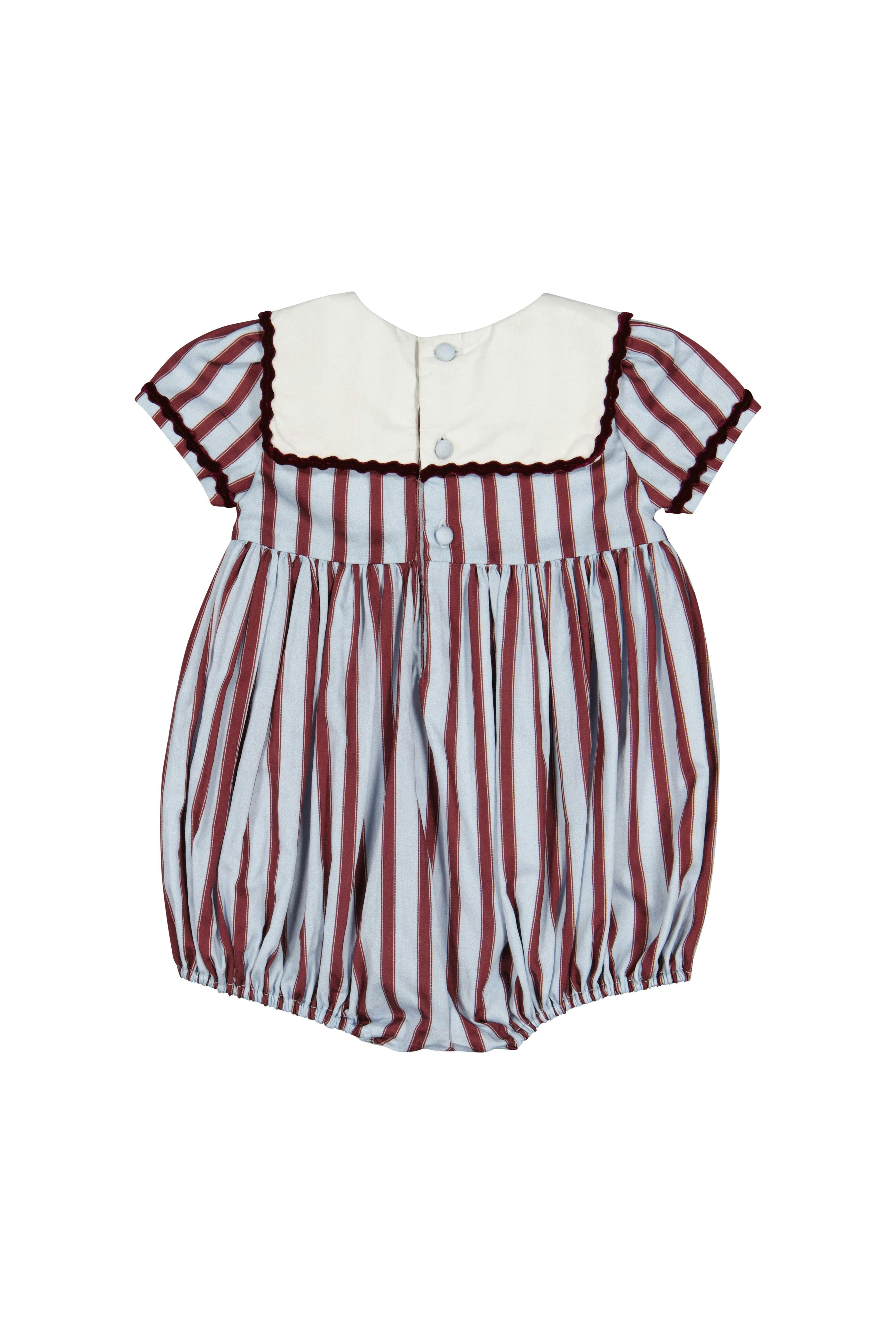 MARINE STRIPE BLUE BURGUNDY SMOCKED ROMPER