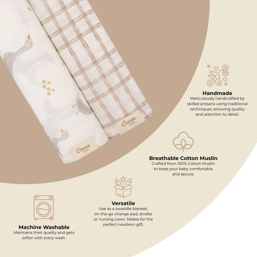 Charlie 2-pc. Farmhouse Goose/Check Muslin Swaddle Set