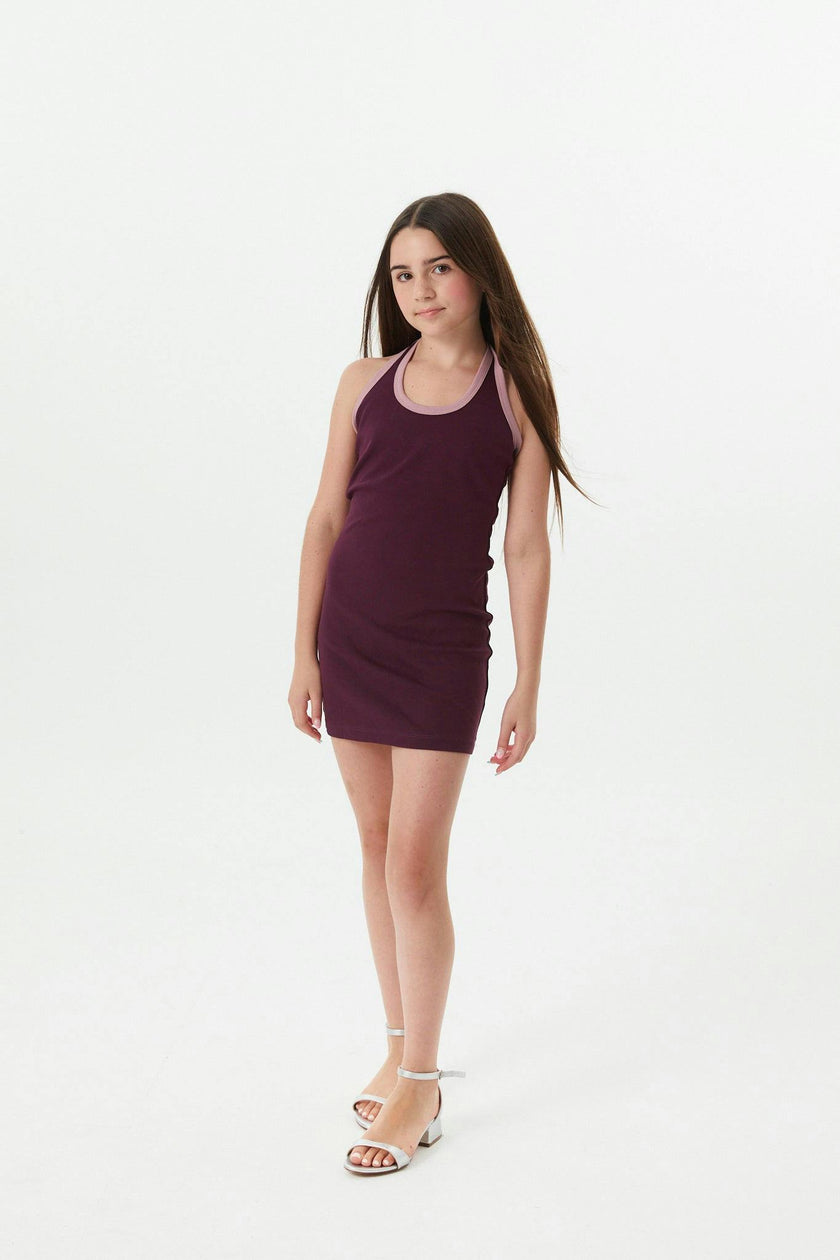 Mackenzie Merlot With Mauve Trim Cotton Spandex Halter Mini Dress
