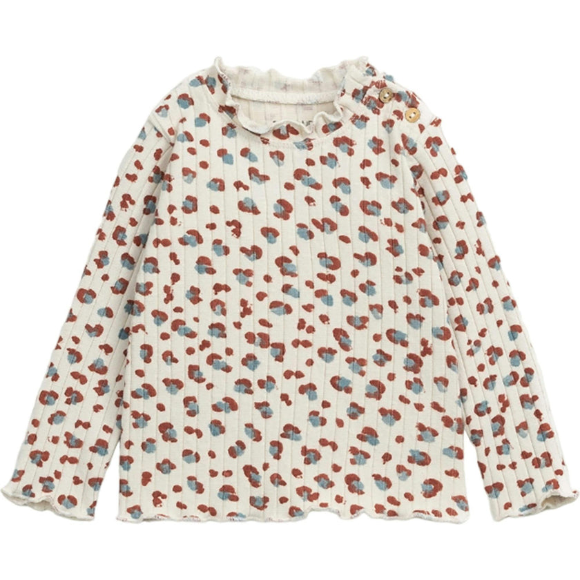 Floral Spot Print Ruffle Collar Long Sleeve 2-Button Shoulder T-Shirt