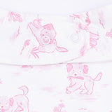 Puppy Toile Pink - 2 Way Ruffle Back Zipper Footie with Bandana Bib, and Swaddle Blanket Set