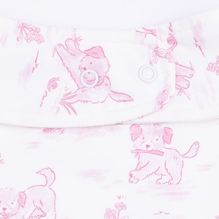 Puppy Toile Pink - 2 Way Ruffle Back Zipper Footie with Bandana Bib, and Swaddle Blanket Set