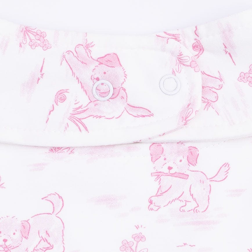 Puppy Toile Pink - 2 Way Ruffle Back Zipper Footie with Bandana Bib, and Swaddle Blanket Set