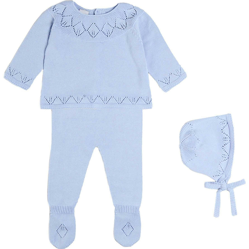 Diamond Openwork Three Piece Knitted Set in Light Blue (1-9mths)