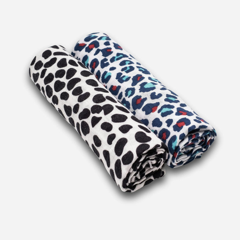 ANIMAL PRINT 2-PACK MUSLIN SQUARES - for 0 to 4 months & 5+ month old babies