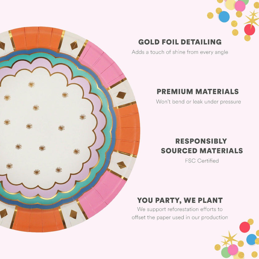 Packed Party Circus Soiree Dessert Plates 10ct - Gold Foil Colorful 3-Ply Party Plates, 8 Inch, 350 GSM for Circus and Carnival Birthdays