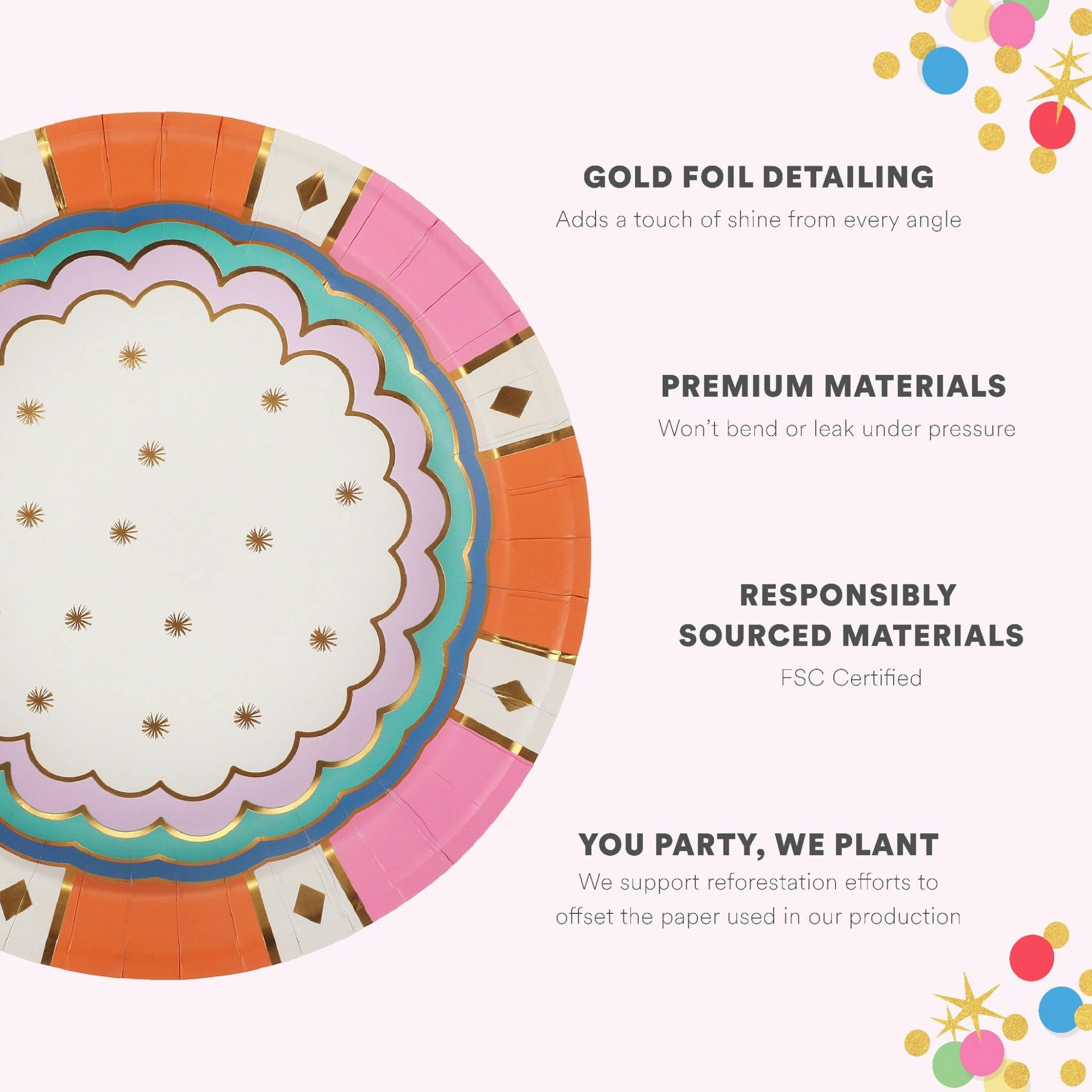 Packed Party Circus Soiree Dessert Plates 10ct - Gold Foil Colorful 3-Ply Party Plates, 8 Inch, 350 GSM for Circus and Carnival Birthdays